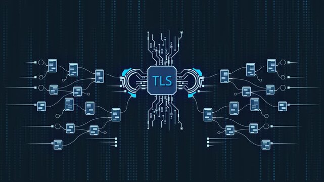 T L S encryption technology concept with microchip and connected devices on a dark blue background with code