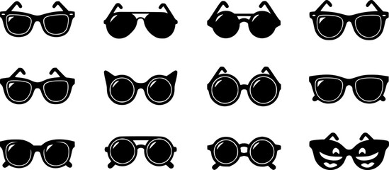 Glasses icon. Set of glasses icons. Black glasses silhouette isolated on white 