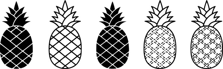 Simplified pineapple icon. Symbol of tropical fruit: black silhouette, outline lines, and dashed line. Five style variations.
