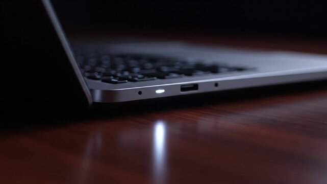 Close Up Laptop Edge Glowing On Wooden Desk At Night.