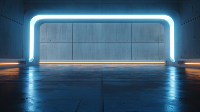 Futuristic empty concrete garage room with neon light glow. Abstract sci-fi studio stage background with blue portal and orange illumination. Cyberpunk interior backdrop, 3d render.
