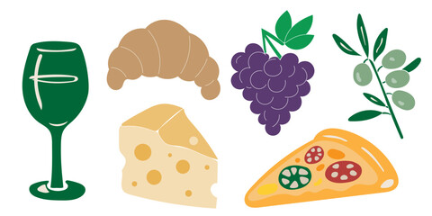Vintage Cheese Slice. Grape, Croissant, Pizza< Olive> Glass of Wine. Graphic Retro Style Food Art. Cafe Restaurant Menu Print. Mediterranean Italian Coastal Life Style. 