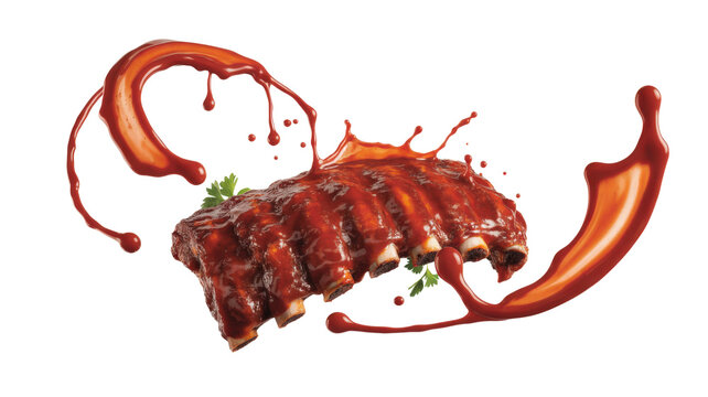 Grilled pork ribs with barbeque sauce splash on transparent background delicious food