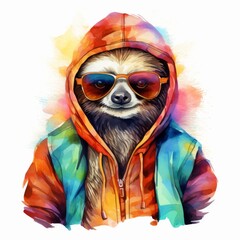 Fototapeta premium Cool sloth wearing sunglasses and a hoodie against a colorful watercolor background