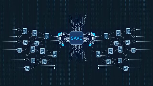 Save Data Concept Circuit Board with S A V E Processor and Smartphone Connections on Dark Background