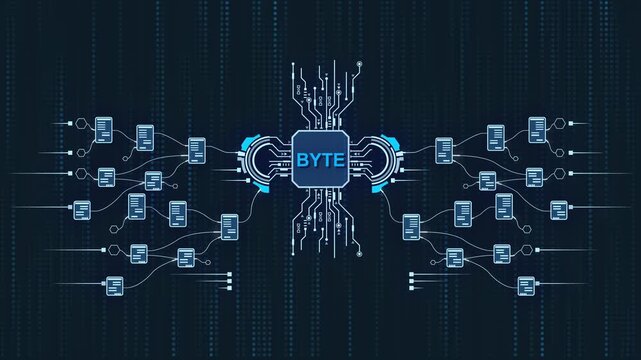 B Y T E concept with microchip and connected mobile devices on circuit board background byte technology