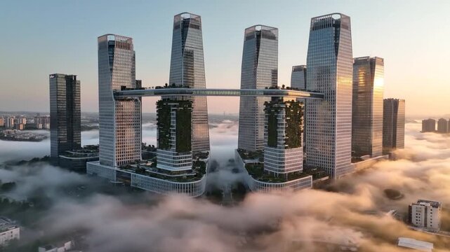 Futuristic Cloud Wrapped Skyscraper City Skyline At Sunrise.
