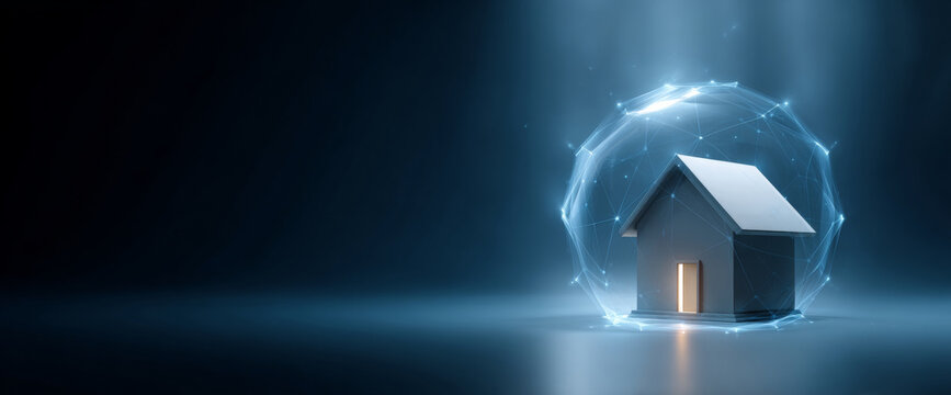 Small house model protected by glowing digital network sphere on dark background representing smart home security and technology