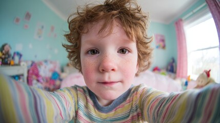 Young child takes a selfie in a colorful bedroom during the day