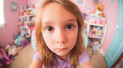 Child with long hair looking at the camera in a colorful room filled with toys