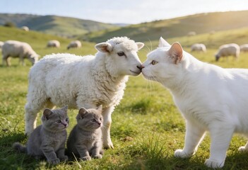 Obraz premium Heartwarming Farm Scene of Ginger Cat and Sheep With Cute Kittens in Green Meadow
