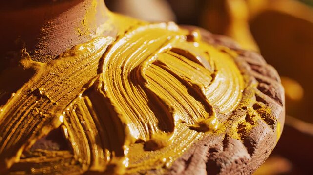 Close up of Rustic Terracotta Pottery Being Painted with Thick Yellow Ochre Pigment Showing Textured Brush Strokes in Warm Sunlight