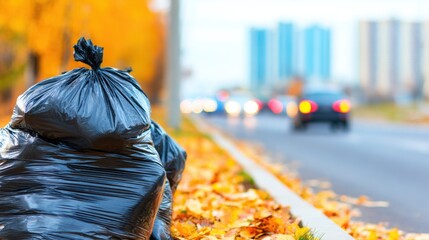 Garbage bags placed near road with buildings and trees in the background