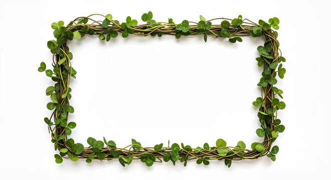 Natural shamrock frame border made of green lucky leaves on white. For greeting cards, invitations, and St. Patrick's Day designs.