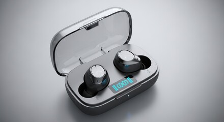 Wireless earbuds in open charging case with digital display for modern technology and audio advertising, isolated on light background
