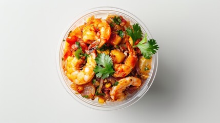 Mexican Seafood Ceviche in Plastic Cup Top View White Background