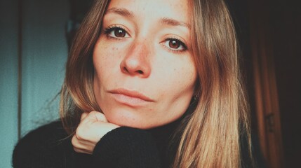Woman posing indoors with natural light during evening hours