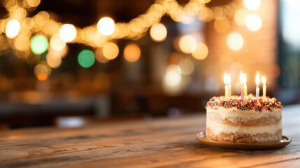 Birthday cake with candles on wooden table in a festive setting
