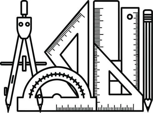 Classic drafting tools including protractor, compass, and rulers on a flat surface