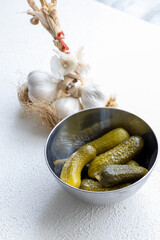 Close-Up of Pickled Cucumbers and Garlic
