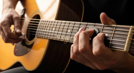 Close-up of hands playing acoustic guitar, fingerpicking chords