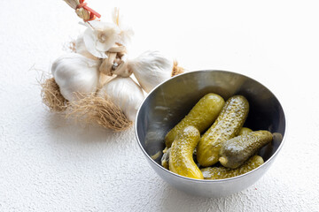 Close-Up of Pickled Cucumbers and Garlic

