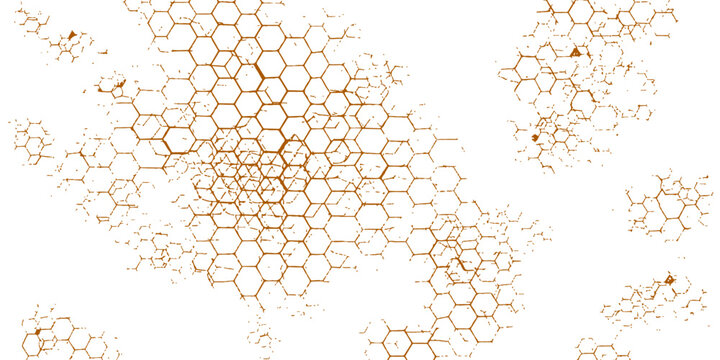Seamless vector illustration of an abstract geometric honeycomb background featuring orange and yellow hexagon cells with a dotted texture and circular light shapes for a modern bee pattern design