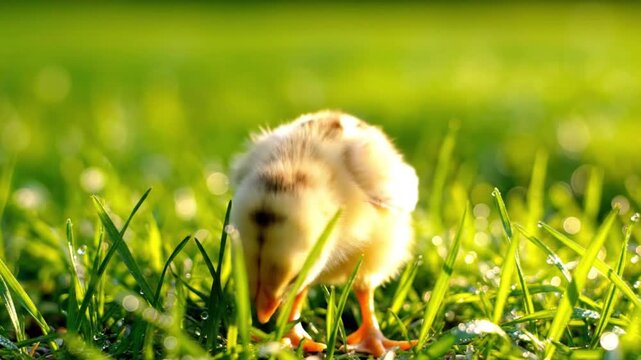 A small fluffy chick standing in a lush green grassy field on a sunny day in a video