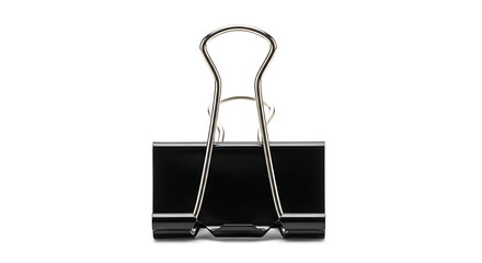 A close-up view of a black binder clip on a white background
