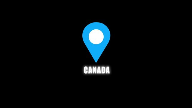 Blue map pin icon with the word Canada on black background