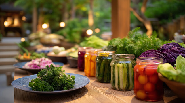 An inviting table laden with jars of fermented vegetables alongside fresh produce, aiming to promote the benefits of natural preservation methods for enhancing nutrition and unique flavors.