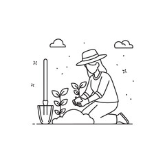 Line drawing of a person planting a sapling outdoors with a shovel