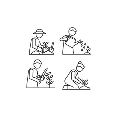 Four people planting and tending to plants in a line art style isolated on transparent background