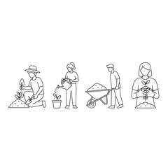 Line drawing of people gardening with various actions isolated on transparent background