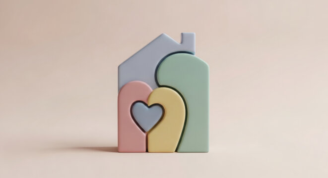 Colorful abstract house shape with heart in pastel tones  