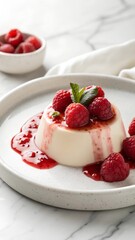 Photorealistic panna cotta with raspberry sauce and fresh berries on white stoneware over marble, clean airy modern editorial mood
