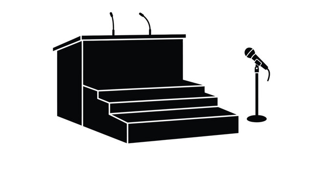 A black silhouette of a podium and microphone on white background