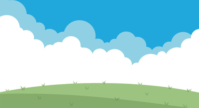 Rolling green grassy hill meets a bright blue sky filled with fluffy white cartoon clouds for background design.