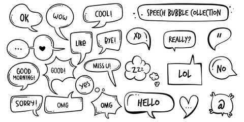 Hand Drawn Speech Bubble Doodle Collection with Cute Text and Comic Style
