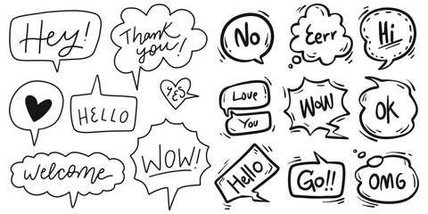 Hand Drawn Speech Bubble Doodle Collection with Cute Text and Comic Style
