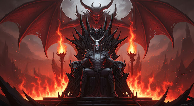 Dark Lord Sitting on Throne with Demon Wings in Fiery Landscape