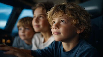 Obraz premium A family in an airplane cabin, with children eagerly adjusting the overhead panel to access reading lights and air vents, showcasing the interactive elements available during flights. cinematic