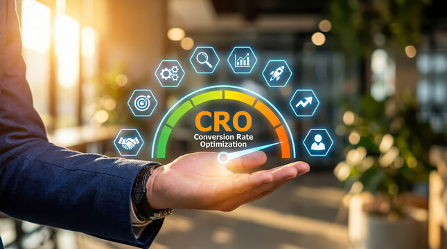 Business hand holding a holographic display with cro conversion rate optimization gauge and icons, representing digital marketing strategy, analytics, and growth in a modern office setting