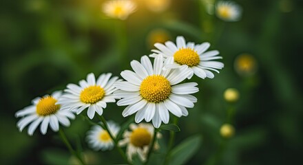 Obraz premium A close-up photograph of a group of white daisies with bright yellow centers, set against a blurred green background with soft sunlight filtering through