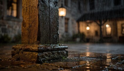 Obraz premium Rainsoaked heritage inn courtyard with a closeup of water droplets on rustic columns while softfocus lanterns cast a warm glow.