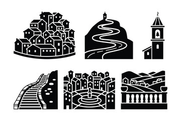 Naklejka premium Village and Town Icons: Houses, Road, Tower, Fountain, Hills