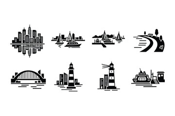 Fototapeta premium City and Harbor Icons: Skyline, Bridge, Lighthouse, Ships, River