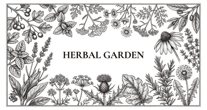 Herbal garden botanical engraving banner with herbs 