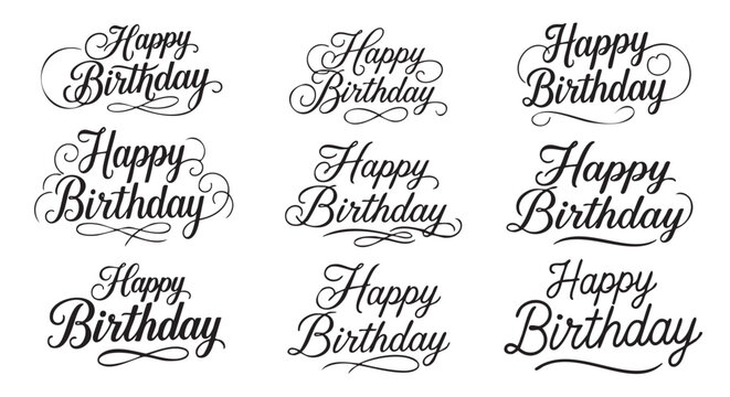 Handwritten happy birthday calligraphy phrases in elegant script style