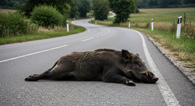 A large dark brown wild boar lies on a winding road surrounded by greenery